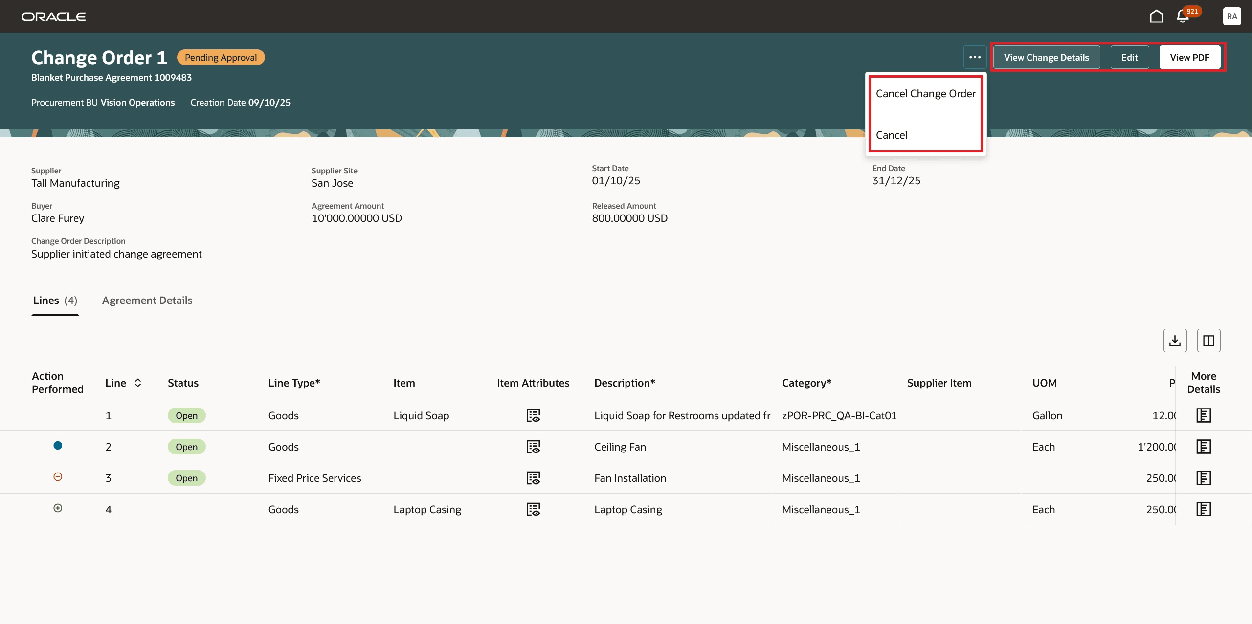 Actions on the View Change Order Page for Supplier