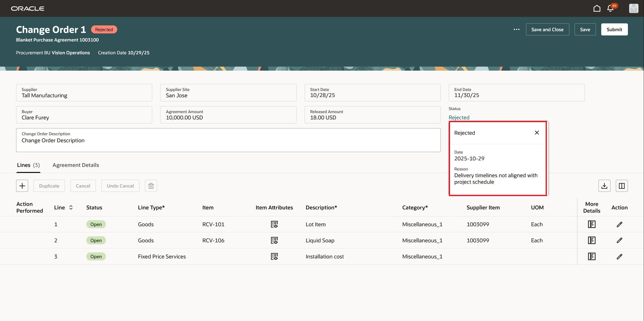 Use the Status Hyperlink to View the Rejection Comments for a Rejected Change Order