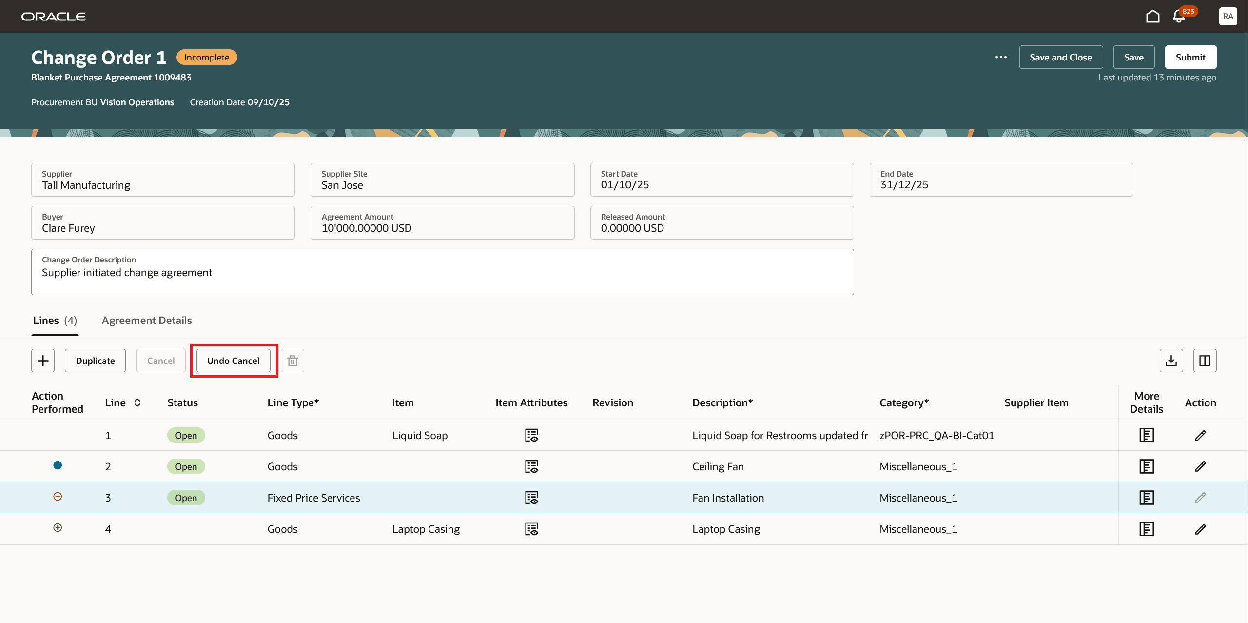Use the Undo Cancel Button to Revert Changes on a Change Order Line