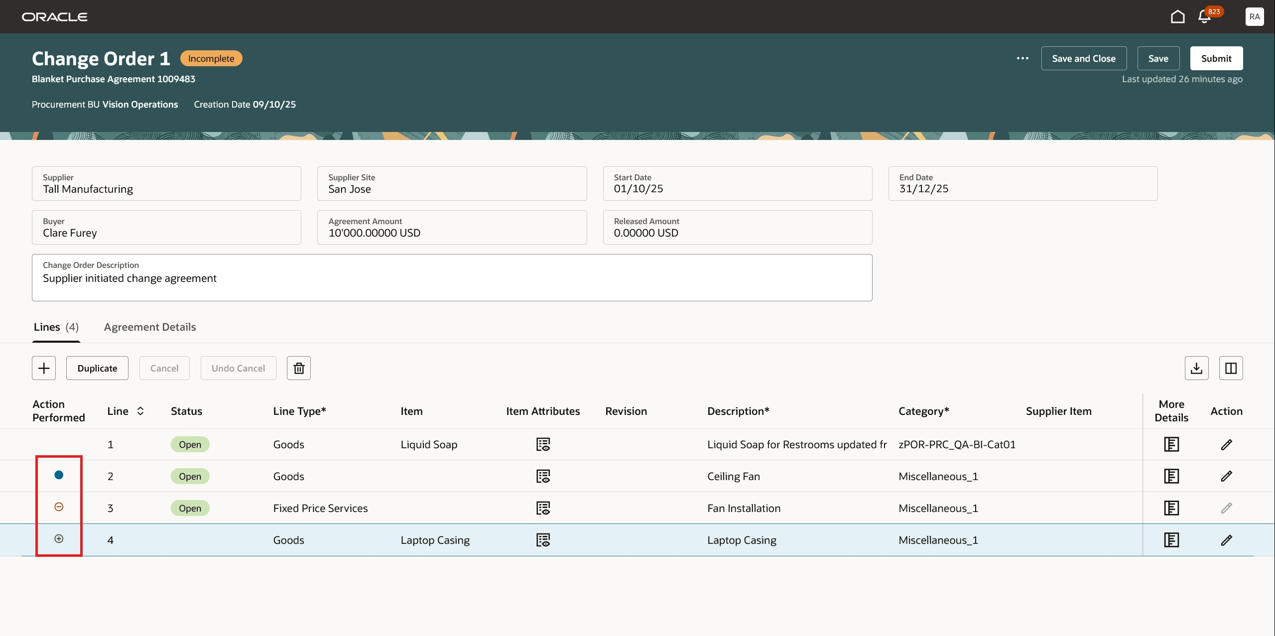 Action Performed Icons in the Change Order Lines Section