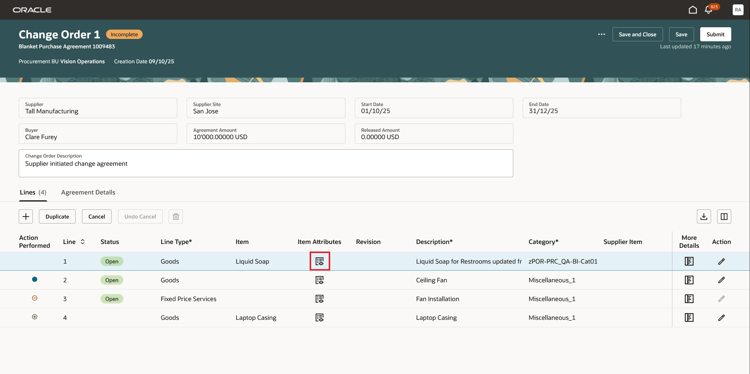 Use the Icon in the Item Attributes Column to View the Item Attributes for the Change Order Line