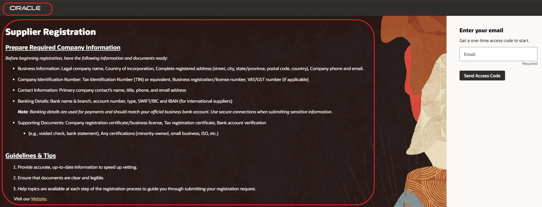 Supplier Self-Service Registration Welcome Page