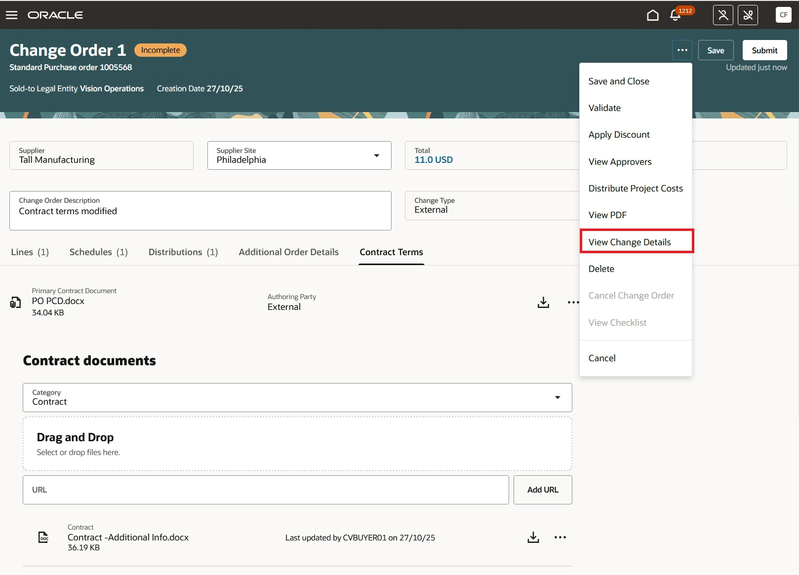Fig: View Change Details on a Change Order