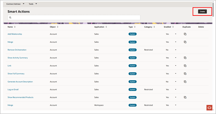 Click Create to define a new Smart Action.