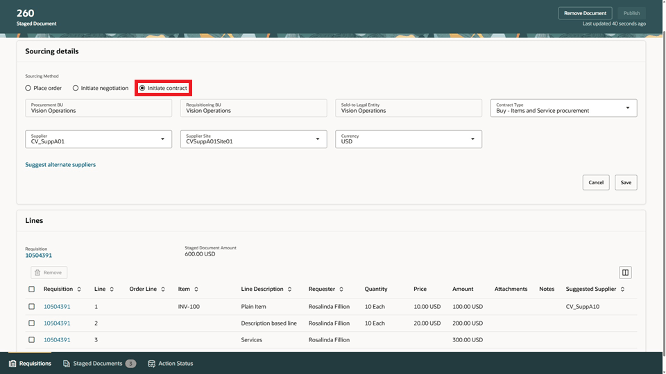 Staged Document Sourcing Details for Initiate Contract