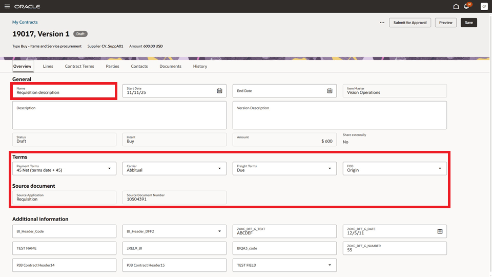 Contract Overview with Requisition Source Details