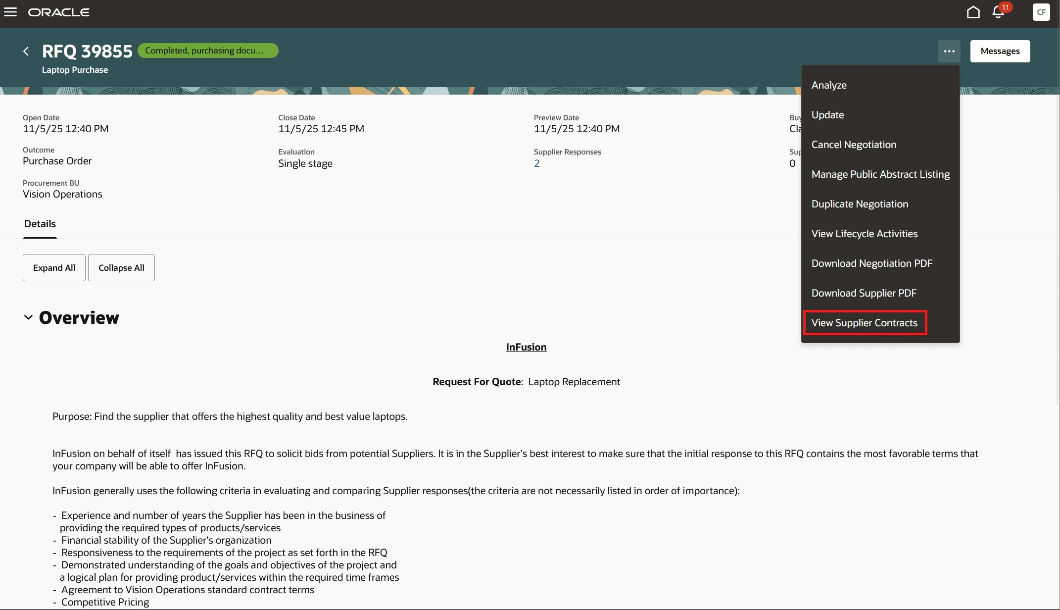 View Supplier Contracts Action on a Negotiation Document