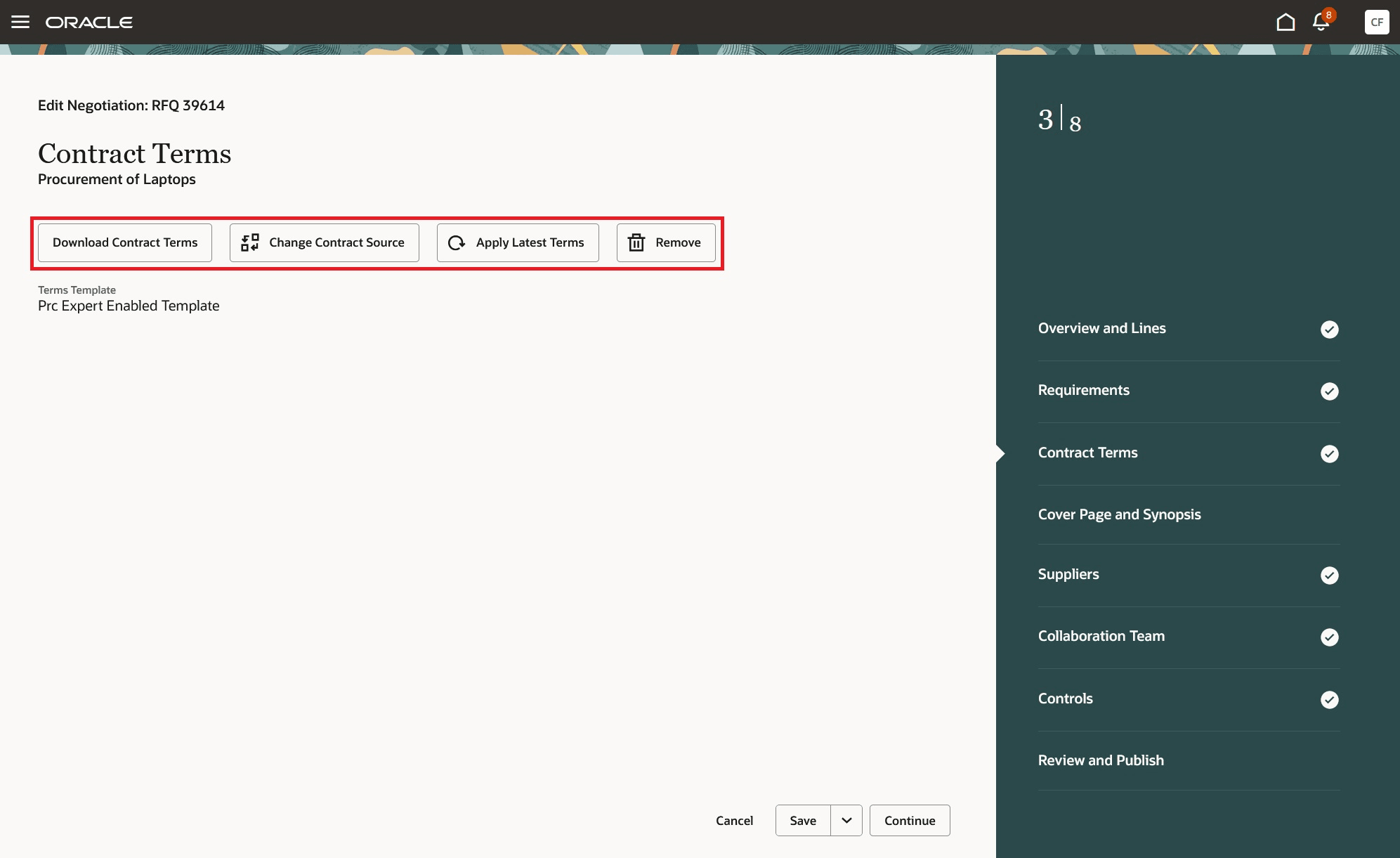 Fig: Contract Terms Actions on Negotiation Document