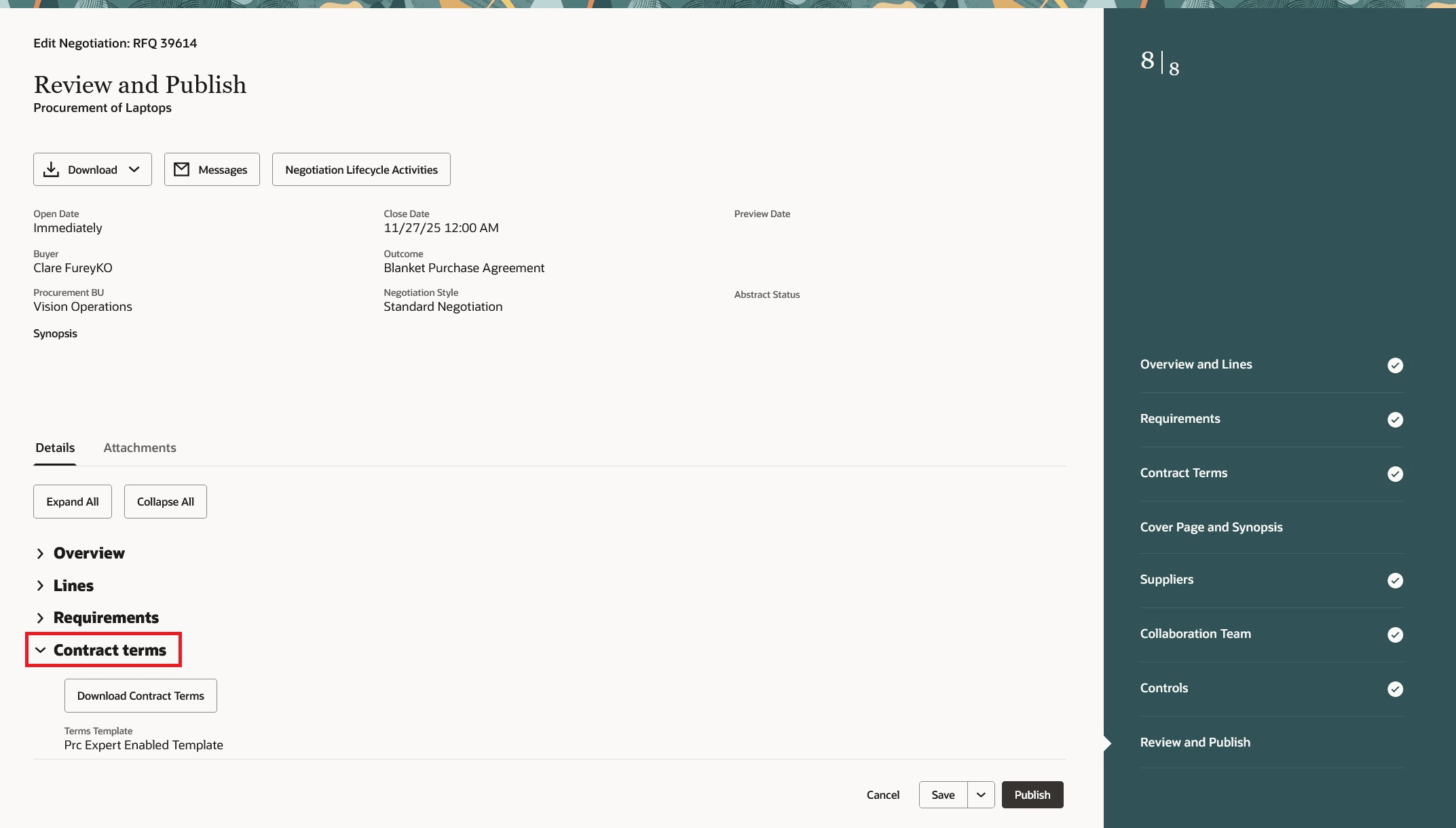 Fig: Contract Terms Section on Review and Publish Page