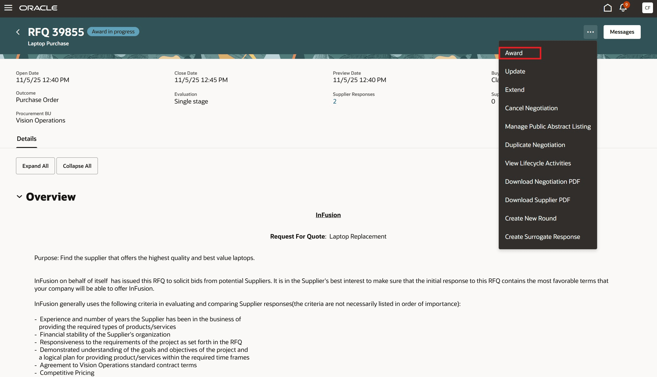Fig: Award Action on a Negotiation Document