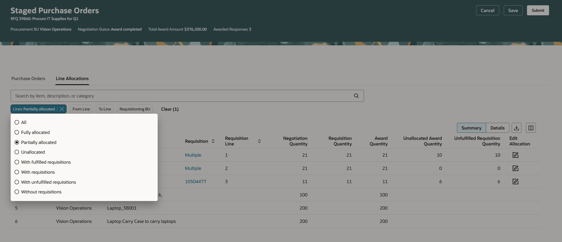 Line Allocations Search Filters