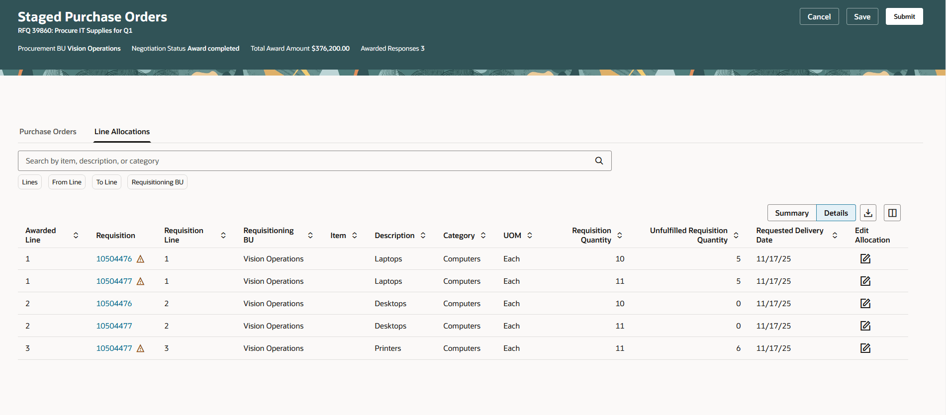 Line Allocations Details View