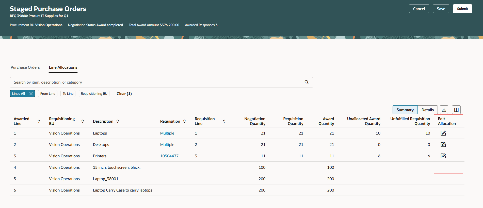 Line Allocations Summary View