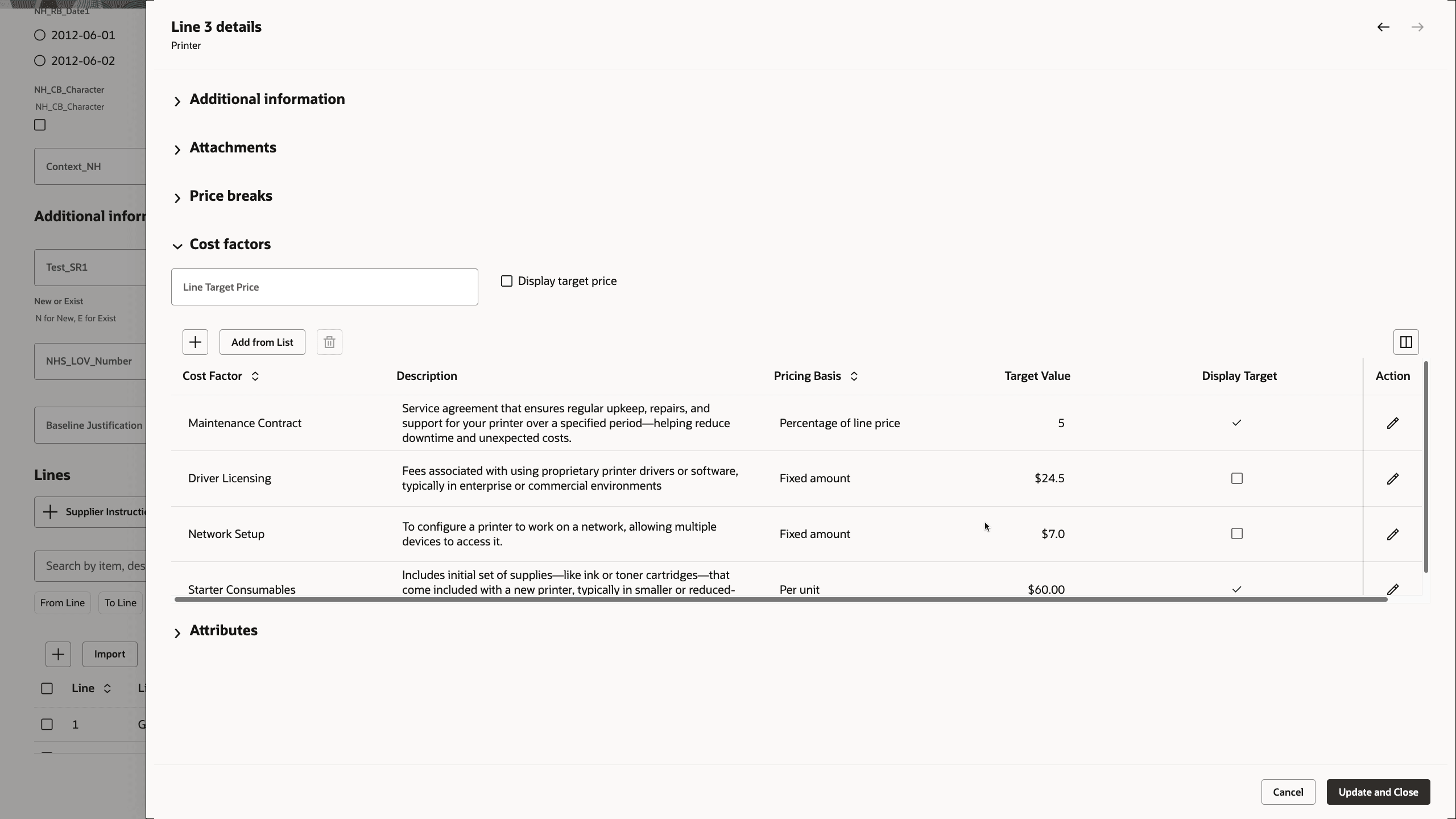 View and Edit External Cost Factors for a Line