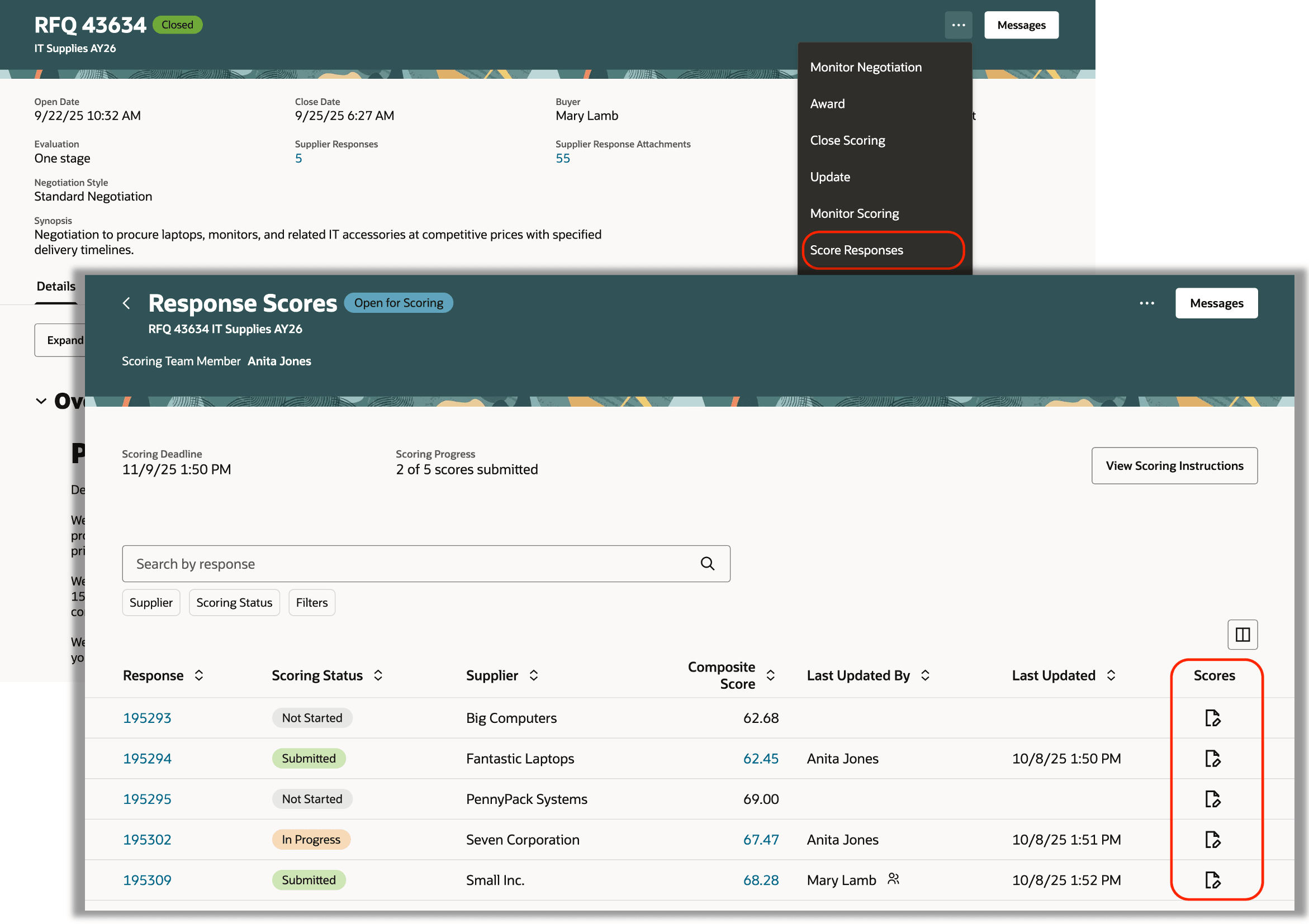 Use Score Responses Action in View Negotiation Page to Enter Scores