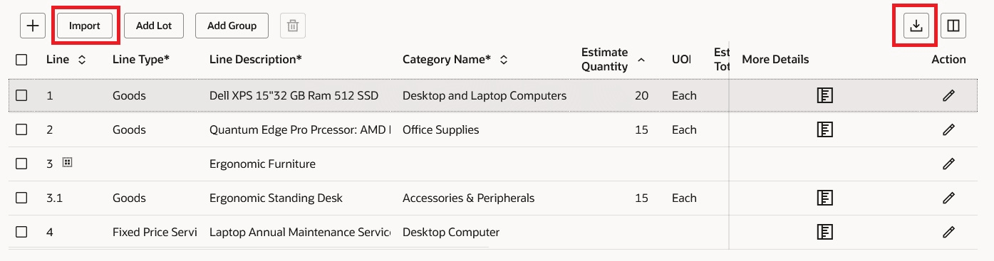 Export and Import Lines Template