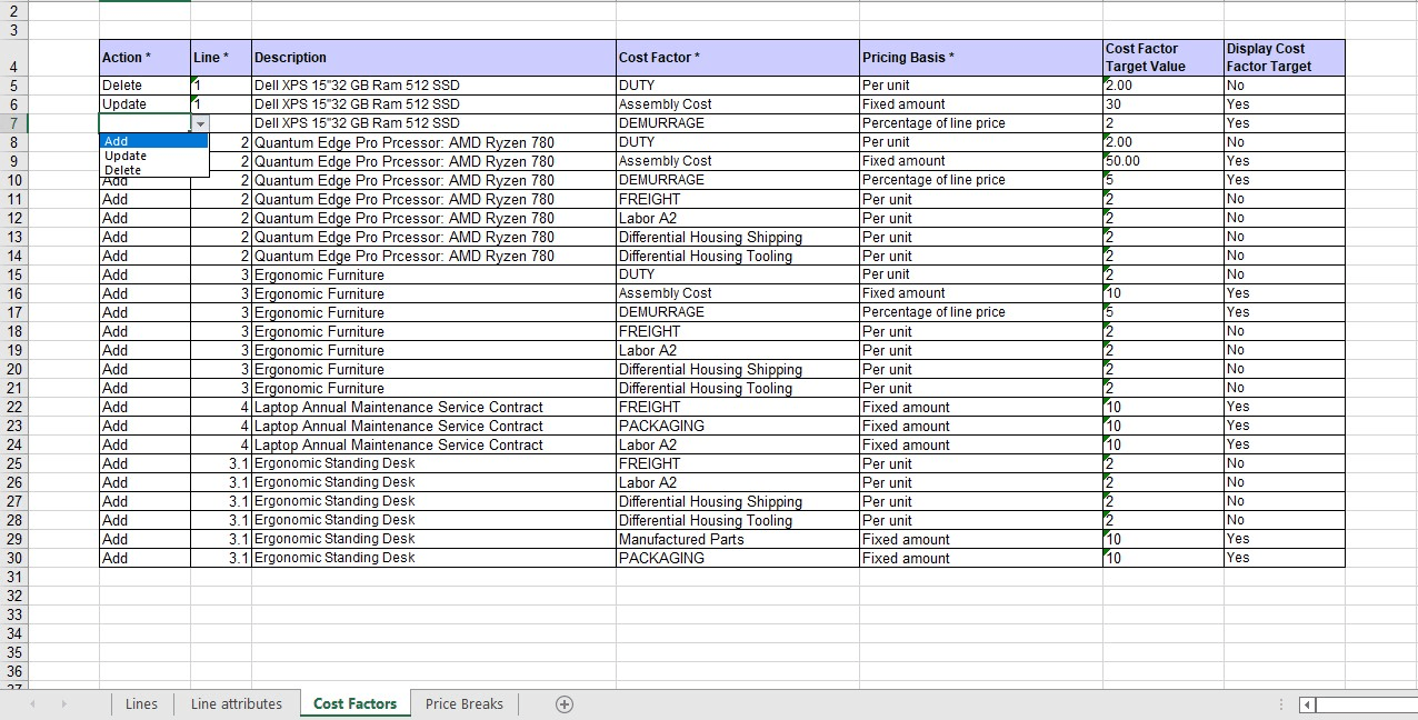 Add, Update and Delete action on lines worksheet