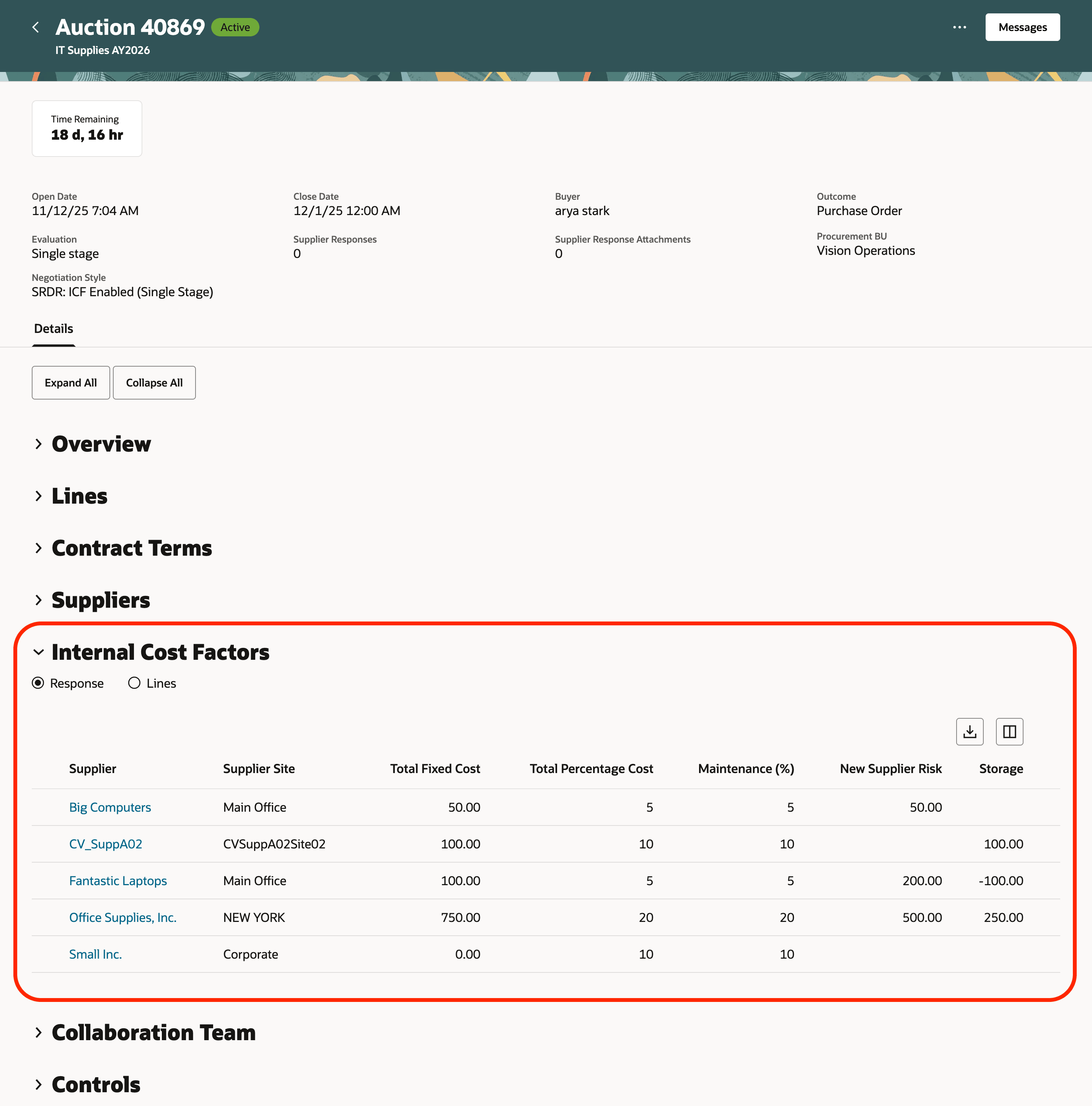 View Internal Cost Factors for Responses and Lines in View Negotiation Page