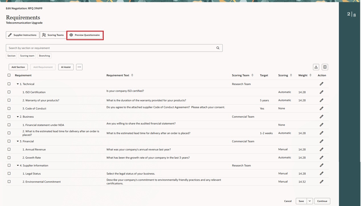 Requirement guided process page- Click on ‘Preview Questionnaire’