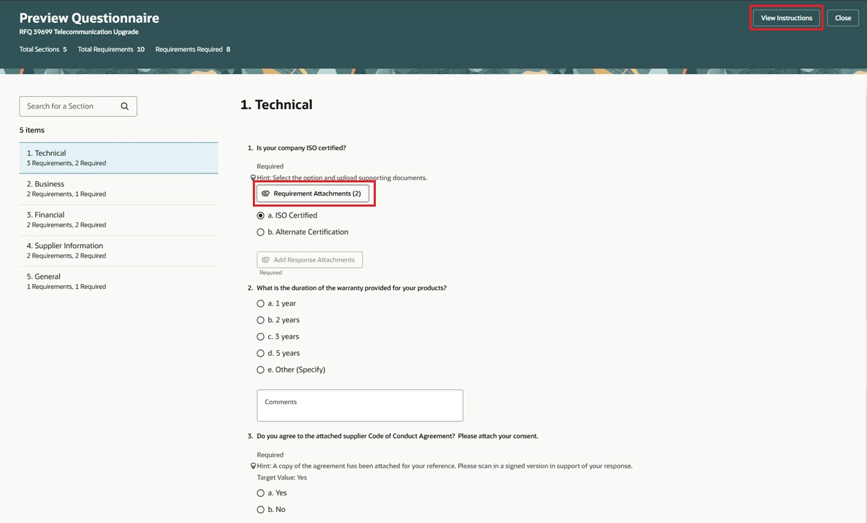 Preview Questionnaire- High volume requirements