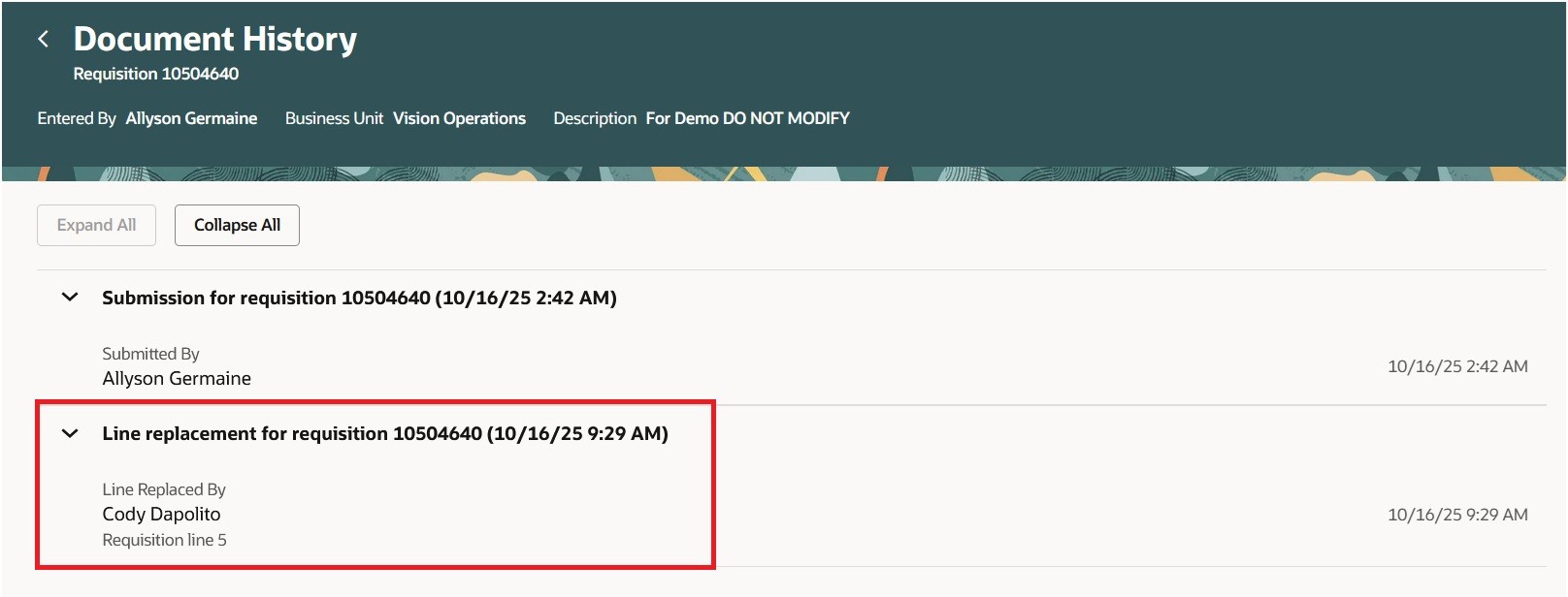 Replacement Action is Recorded in the Document History