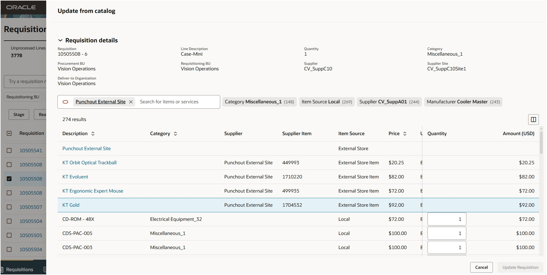 Searching for Punchout Items