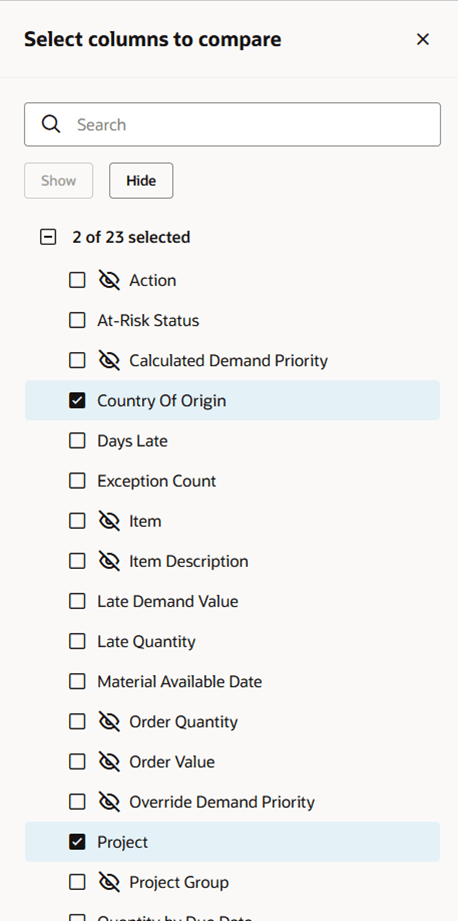 Columns to Compare Drawer with Netting Attributes