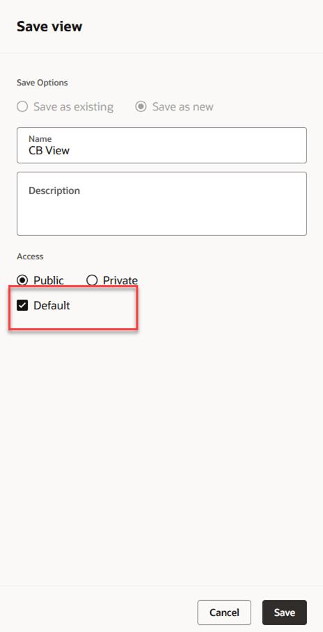 Save View Drawer with Default Checkbox