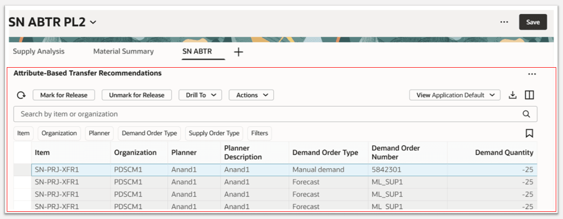 Attribute-Based Transfer Recommendations Displayed on a Supply Plan Page