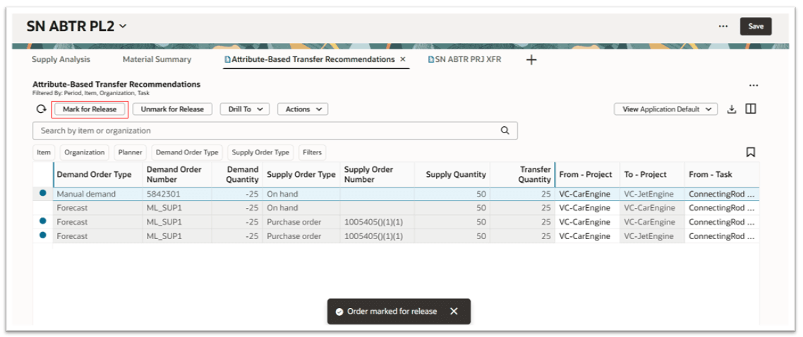 Project Transfer Recommendation for On-Hand Marked for Release from Attribute-Based Transfer Recommendations