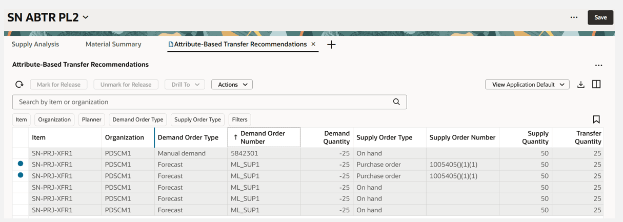 Example of Attribute-Based Transfer Recommendation Sorted in Ascending Order for Demand Order Number