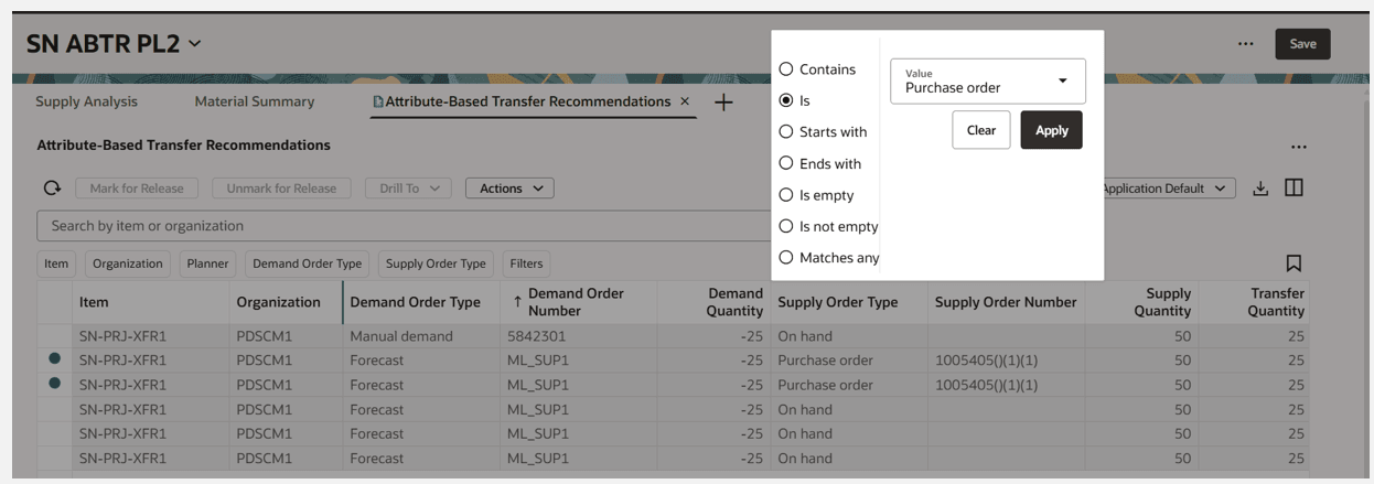Column Filter for Supply Order Type