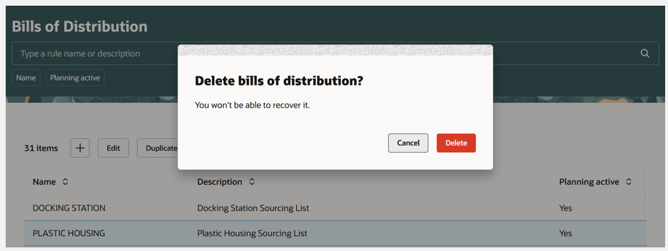 Delete Bills of Distribution