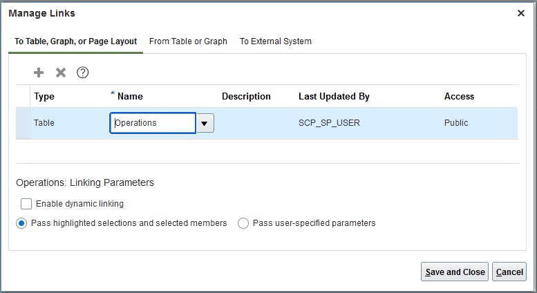 Manage Links Dialog with Operations Table Selected