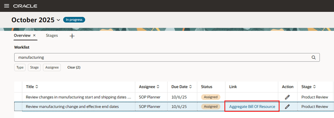 Internal Link for a Planning Cycle Task in the Worklist