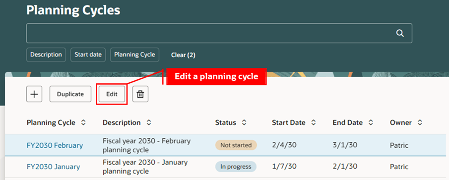 Edit a Planning Cycle