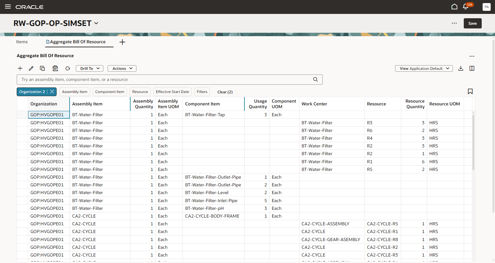 Aggregate Bill of Resource Table in a Simulation Set
