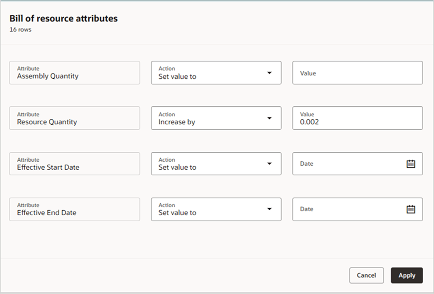Mass Edit of Resource Quantity Values in the Aggregate Bill of Resource Table