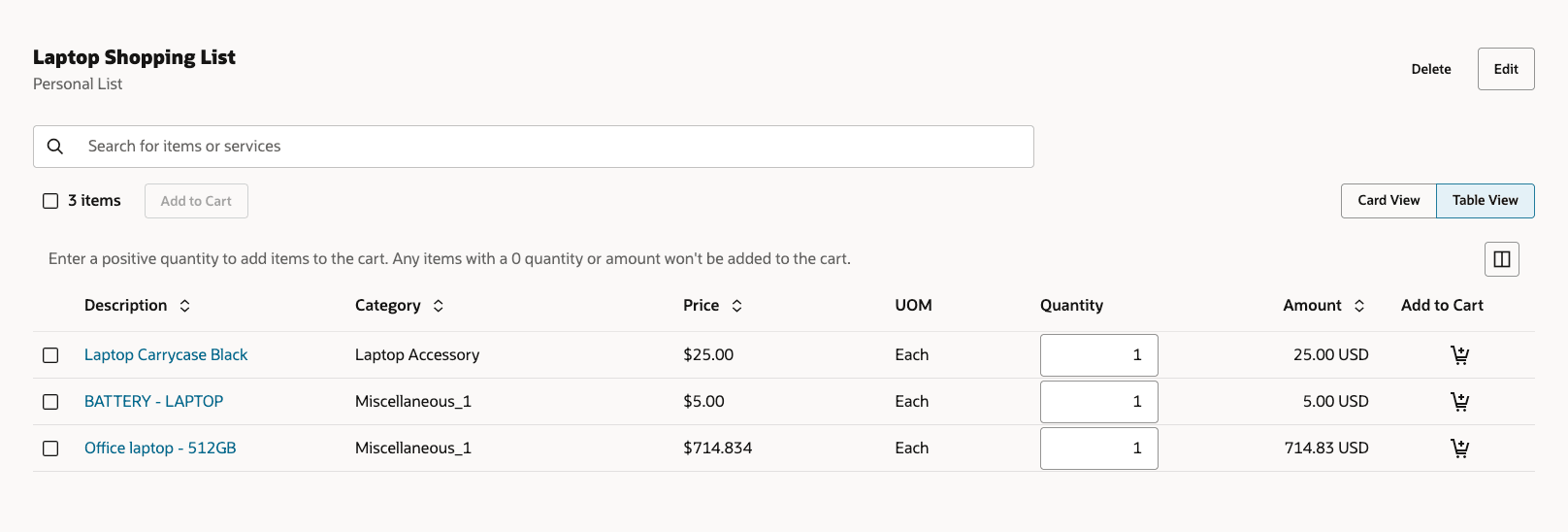 Table Layout for Shopping List