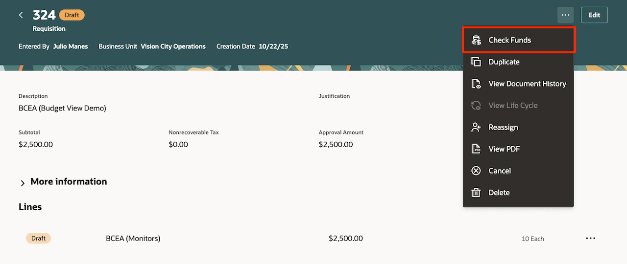 Check Funds Menu Entry