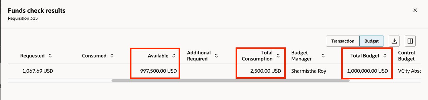 Funds Check Results Details - Budget View