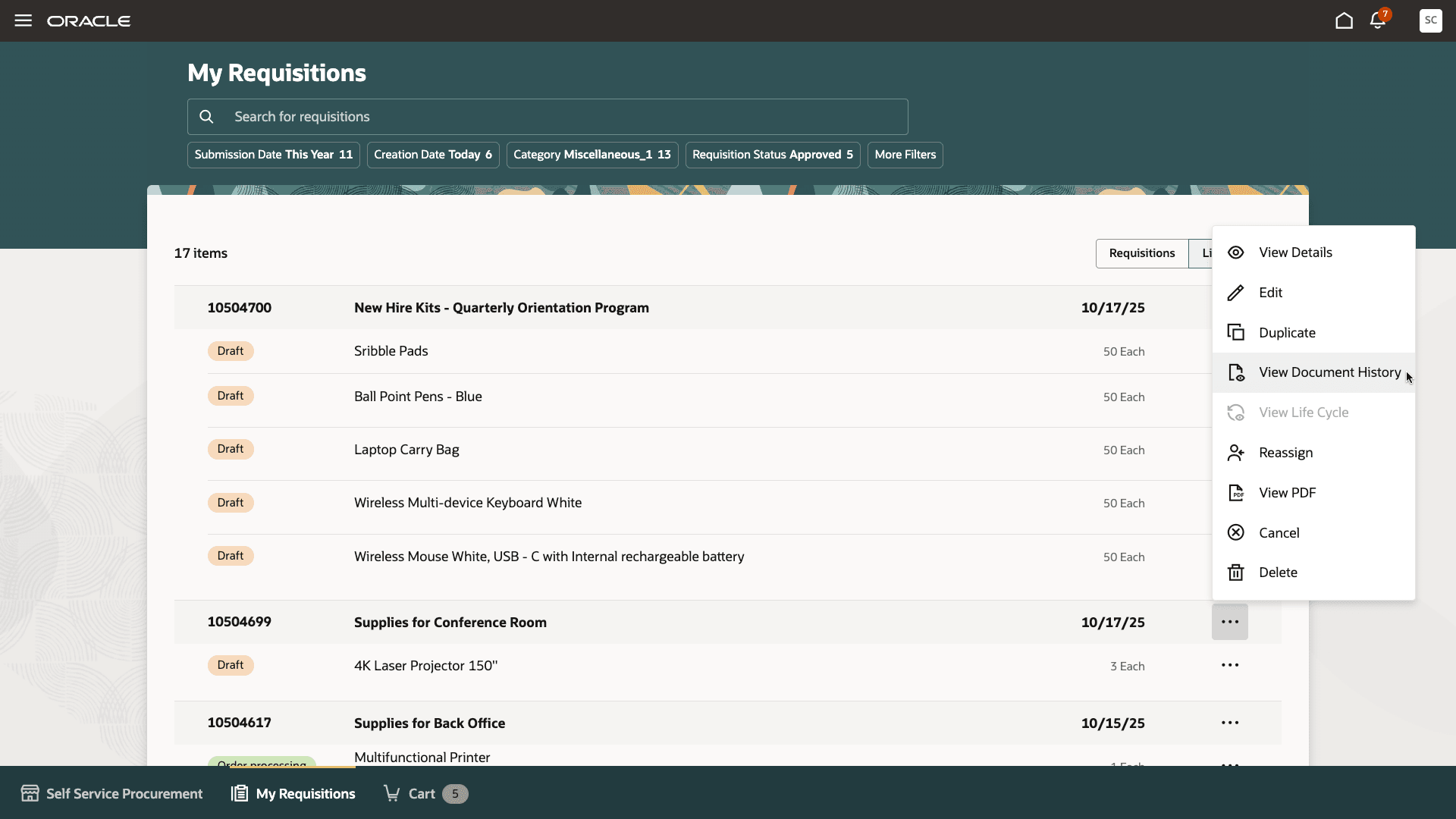 View Document History for a Draft Requisition