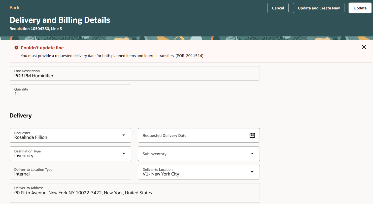 Error Scenario where Requested Delivery Date is Required