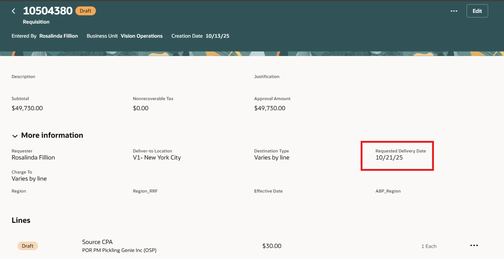 Requisiton Details More Information Display of Requested Delivery Date