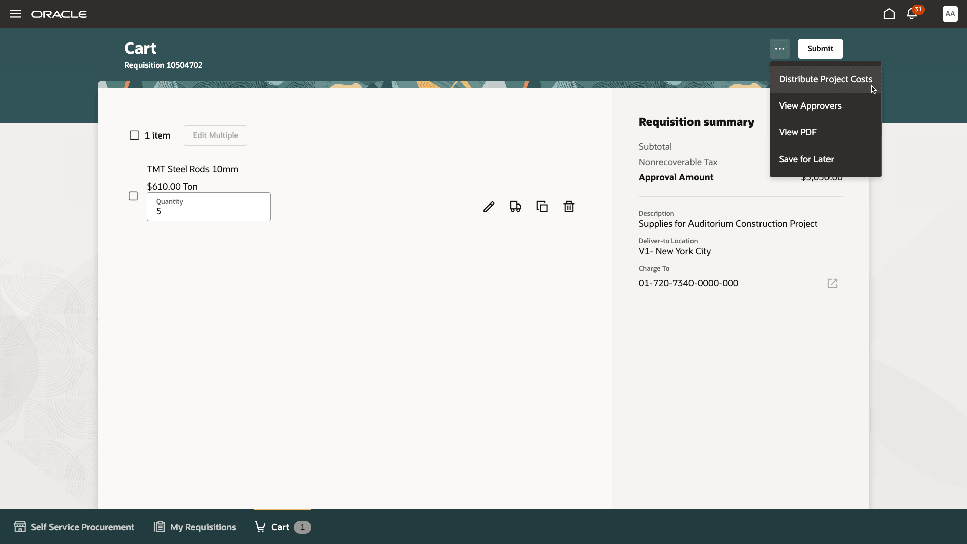Distribute Project Costs Button on the Shopping Cart