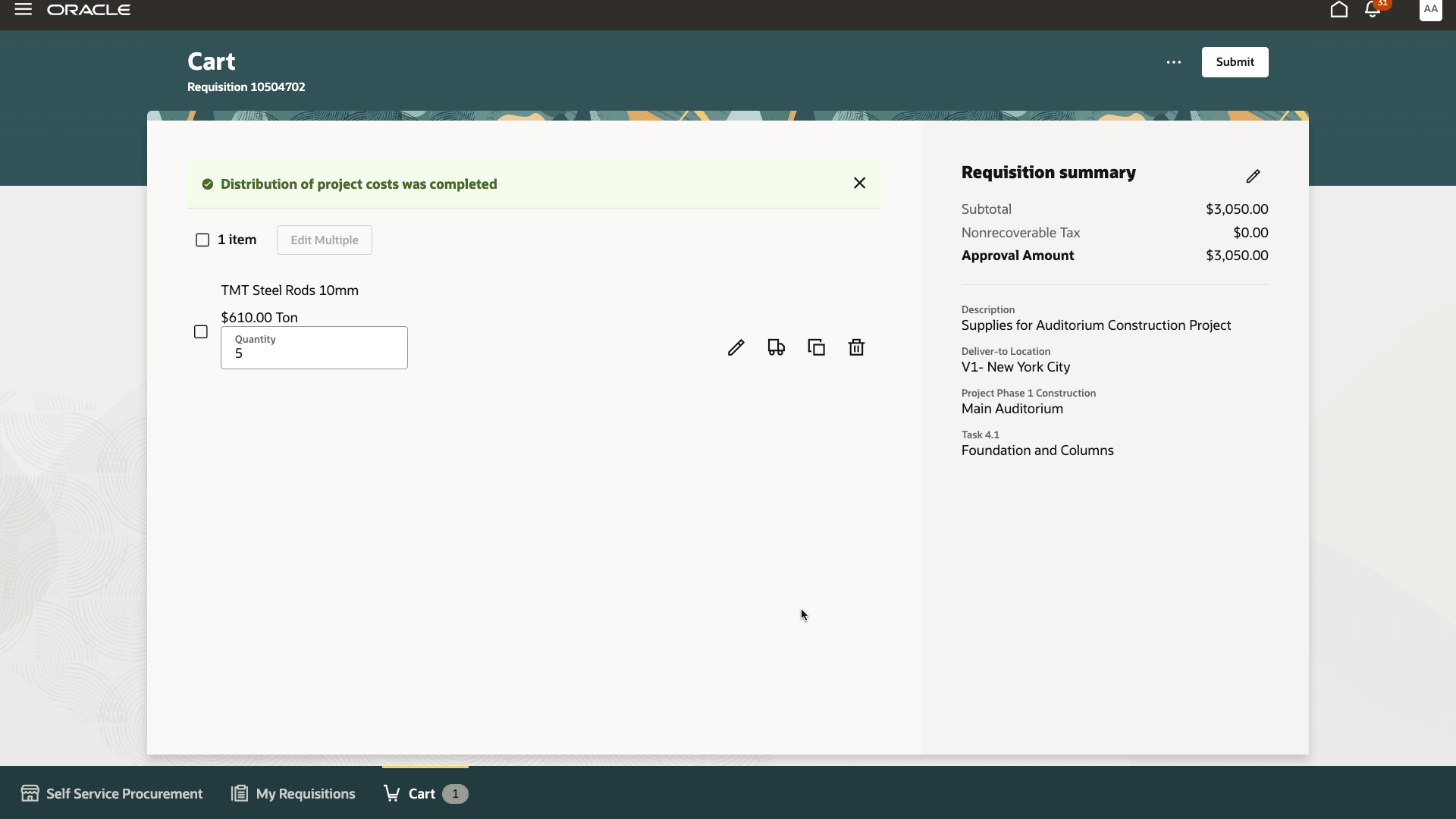 Confirmation on Project Costs Distribution