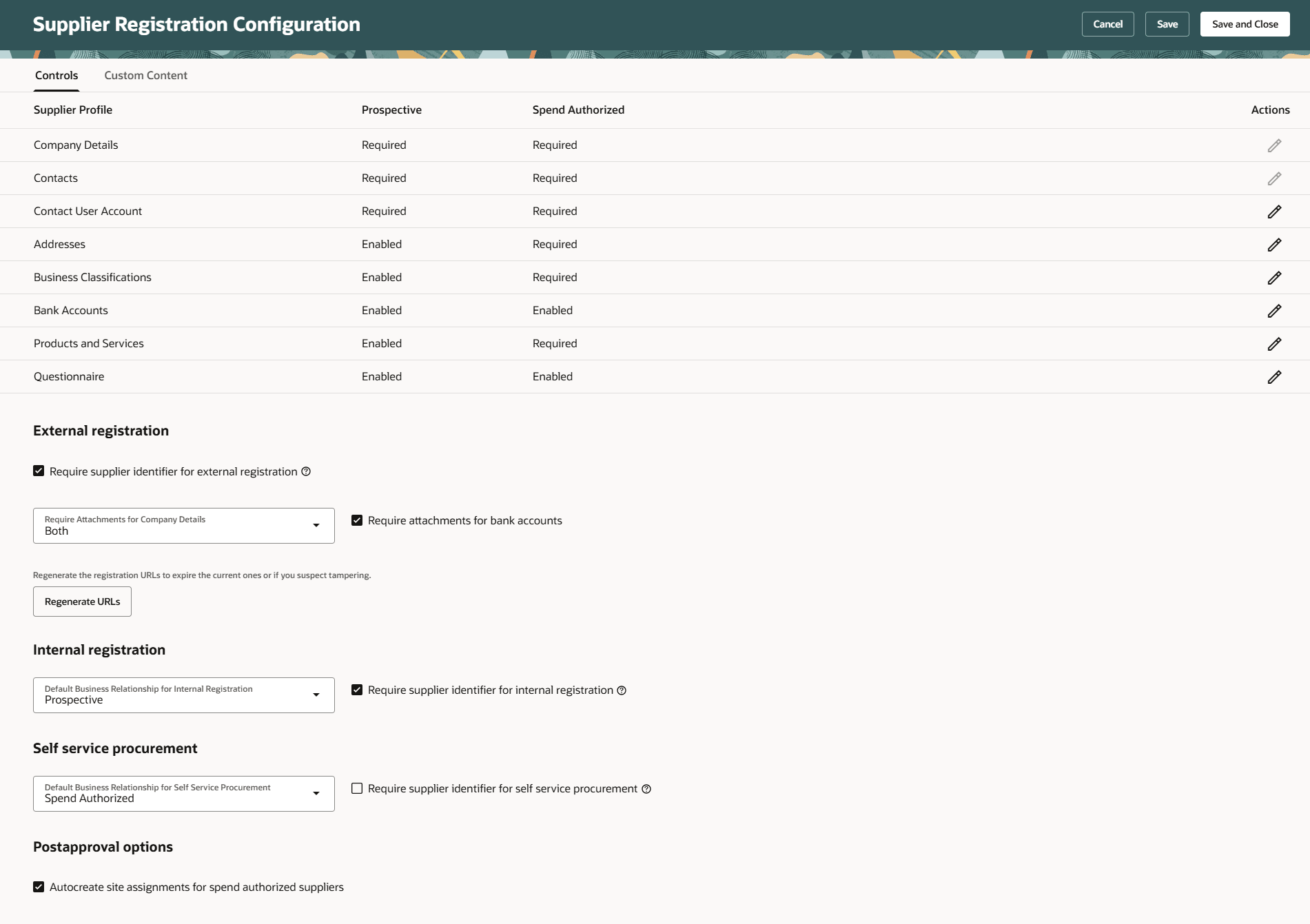 Supplier Registration Configuration - Controls 