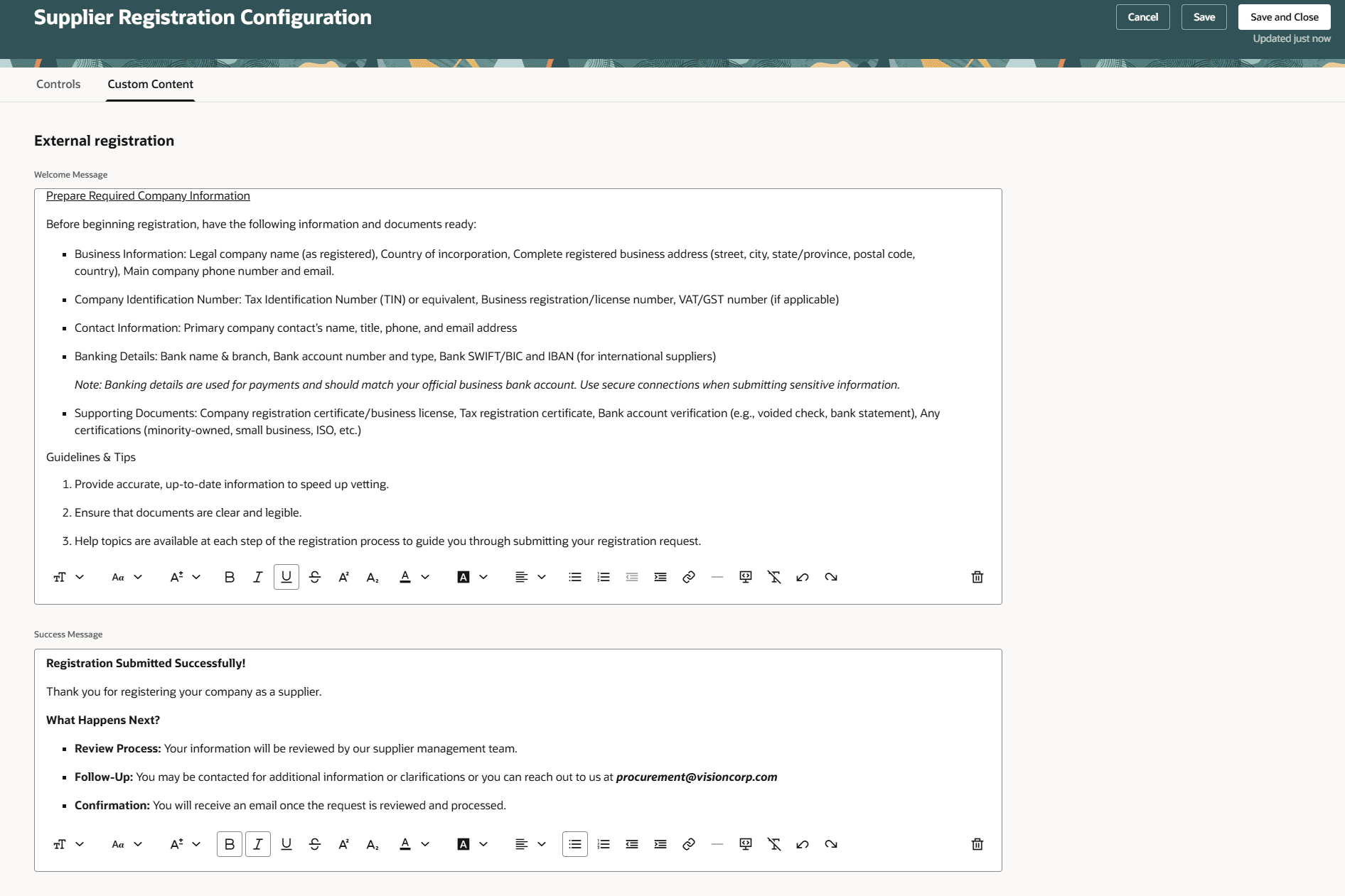 Supplier Registration Configuration - Custom Content