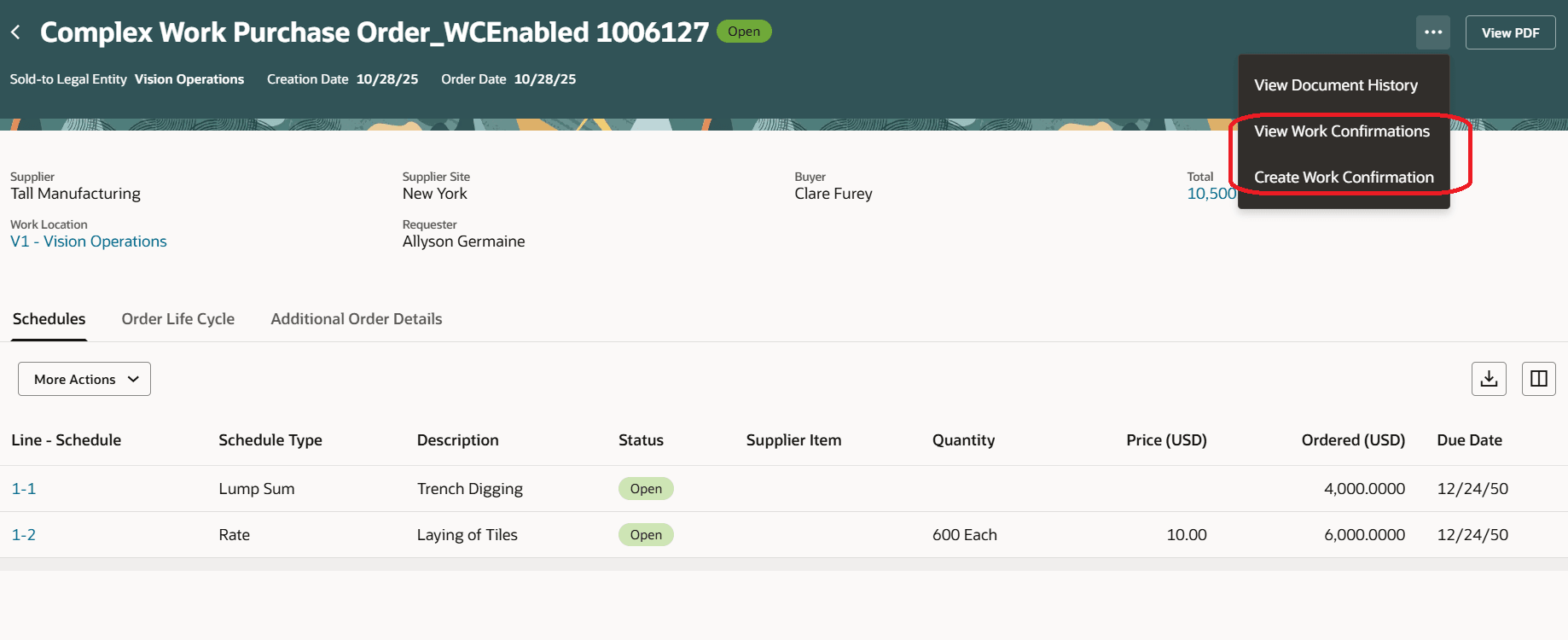 Create and View Work Confirmations actions on View Purchase Order page