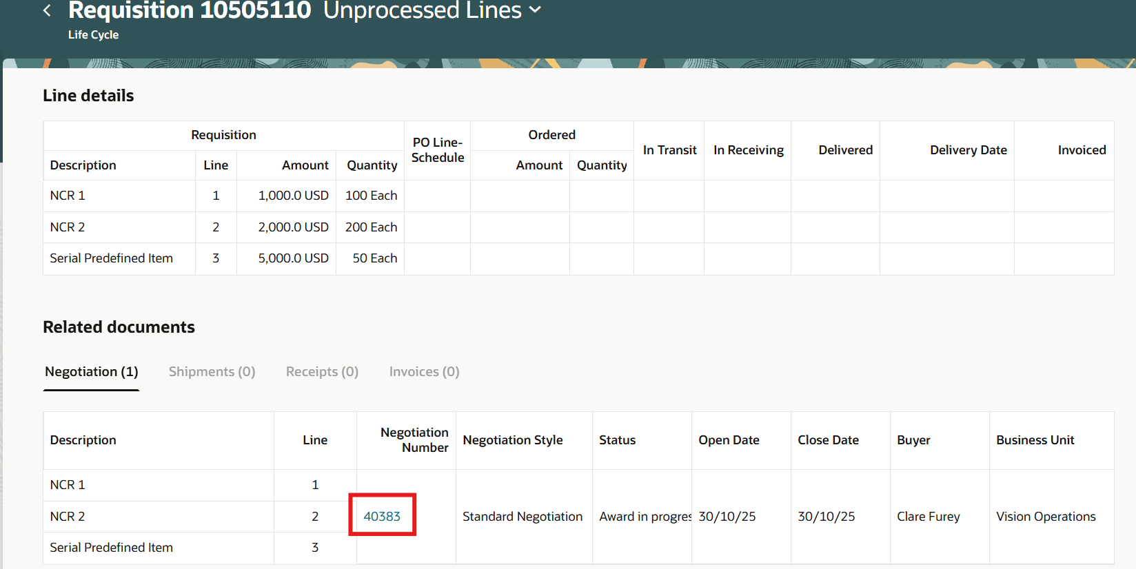 Drilldown to Negotiation Details Redwood Page